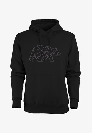 Zwarte hoodie met een geometrisch berenontwerp in grijs. Gemaakt van zachte stof en heeft een voorzak en een capuchon met trekkoord.