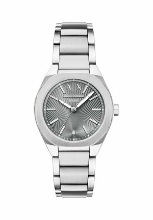 Silberne Armani Exchange Armbanduhr mit strukturiertem grauem Zifferblatt, silbernen Stundenmarkierungen, drei Zeigern und einem Metallgliedarmband.