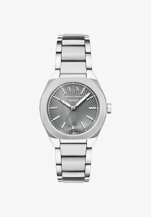 Silberne Armani Exchange Armbanduhr mit strukturiertem grauem Zifferblatt, silbernen Stundenmarkierungen, drei Zeigern und einem Metallgliedarmband.