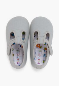 Jasnoszare materiałowe buty wsuwane z dwoma pętlami, z kolorową wzorzystą wkładką oraz metką z napisem "Pisamonas."
