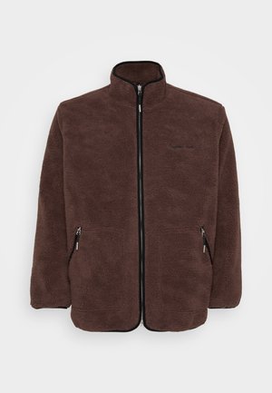 Brown full-zip fleece jacket with high collar, two zippered side pockets, and textured soft fabric.