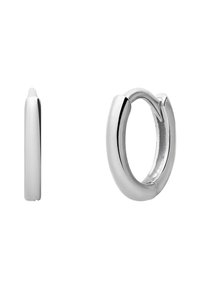 Silberne Creolen mit einer glatten, polierten Oberfläche. Rundes Design, einheitliche Breite und nahtloser Verschluss. Reflektierend und leicht.