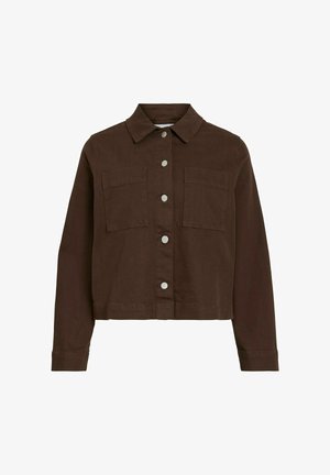 Rjava, skrajšana jakna iz bombažnega blaga s klasičnim ovratnikom, sprednjim zapiranjem na gumbe in dvema žepoma na prsih. Gladka tekstura, brez vzorcev.