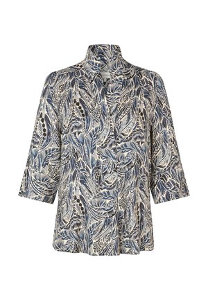 Overhemd met knopen, bedrukt met ingewikkelde bladeren- en bloemenpatronen in blauw en zwart op wit stof, voorzien van een hoge kraag en driekwartsmouwen.