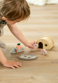 Puitoodist valmistatud mänguasjade komplekt pastelsetes värvides, sealhulgas beez maja, kaks roosat loomakest ja roheline maasika tükk puidust pinnal.