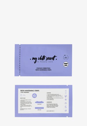 Meine White Secret Zahnaufhellungsstreifen-Packung zeigt die Vorderseite mit Markenaufdruck und die Rückseite mit Gebrauchsanweisung für eine 7-tägige Behandlung.