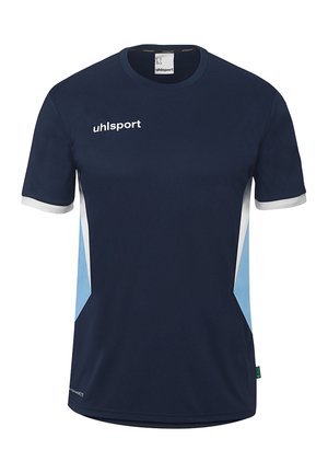 T-shirt de sport bleu marine à manches courtes avec logo "uhlsport" blanc, poignets blancs et panneaux latéraux bleu clair et blanc.