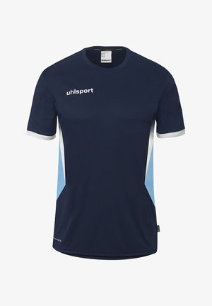 Marineblaue kurze Sportshirt mit weißen „uhlsport“-Logo, weißen Bündchen sowie hellblauen und weißen Seitenpaneelen.
