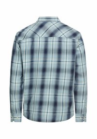 Hellblaues und marineblaues Karohemd mit langen Ärmeln, ausgestattet mit einem Button-Down-Kragen und Manschetten, glatter Textur und abgerundetem Saum.