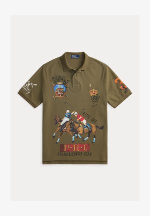 Olive green polo shirt made of cotton, featuring embroidered horse polo scene, logos, and text accents in various colors. Short sleeves, classic collar.
