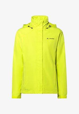 Geel waterdichte jas met een hoge kraag, verstelbare capuchon en zwarte logodetail. Beschikt over een gladde textuur en een lichtgewicht ontwerp.