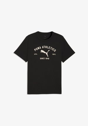 Czarny bawełniany t-shirt z jasnobeżowym nadrukiem tekstowym "PUMA ATHLETICS" i logo, z okrągłym dekoltem, krótkimi rękawami i prostym dołem.