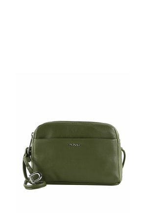 Sac bandoulière en cuir vert olive avec poche zippée à l'avant, sangle réglable et logo métallique Picard au centre devant.