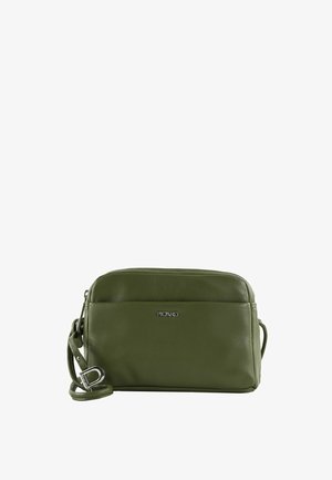 Sac bandoulière en cuir vert olive avec poche zippée à l'avant, sangle réglable et logo métallique Picard au centre devant.