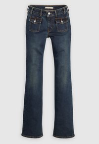 Jean en denim bleu foncé avec un design évasé, deux poches avant avec boutons, et une finition unie. Taille standard avec passants pour ceinture.