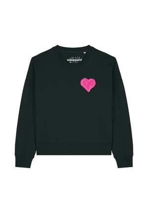 Zwarte sweatshirt met lange mouwen, een ronde hals en een klein roze hartje op de linker borst.