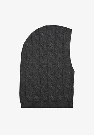 Gilet sans manches en tricot gris foncé avec un motif en maille torsadée et un ourlet côtelé, présenté à plat sur un fond blanc.
