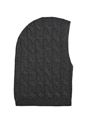 Gilet sans manches en tricot gris foncé avec un motif en maille torsadée et un ourlet côtelé, présenté à plat sur un fond blanc.