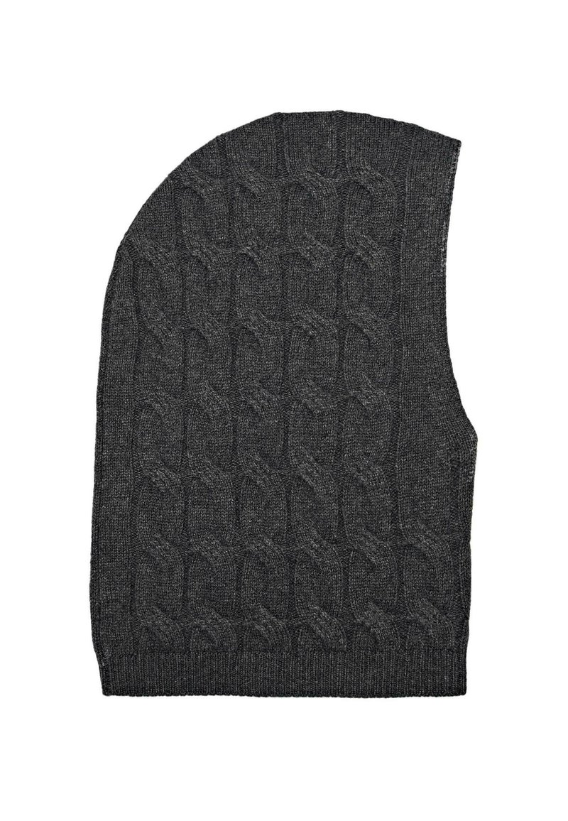 Donkergrijze gebreide mouwloze sweatervest met kabelbreipatroon en ribgebreide zoom, plat weergegeven op een witte achtergrond.