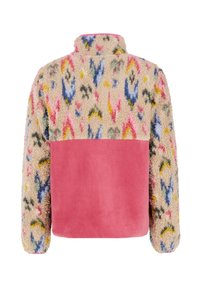 Veste en polaire avec col montant, motif abstrait multicolore sur le haut et les manches, panneau uni rose en bas du dos.