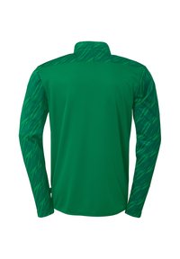 Langærmet skjorte i levende grøn. Ensfarvet krop med mønstrede ærmer, der har diagonale striber i varierende nuancer af grøn. Høj krave-design.