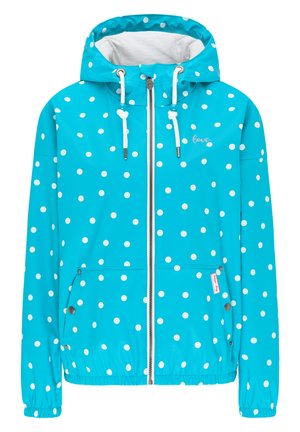 Tyrkysová bunda s puntíky a kapucí, vyrobená z hladkého, voděodolného materiálu. Obsahuje bílé šňůrky, elastické manžety a kapsy na zip.