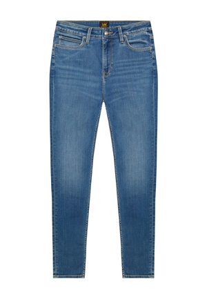 Blauwe high-waist skinny jeans met voor- en achterzakken, knoopsluiting en subtiele vervaagde details op dijen en knieën.