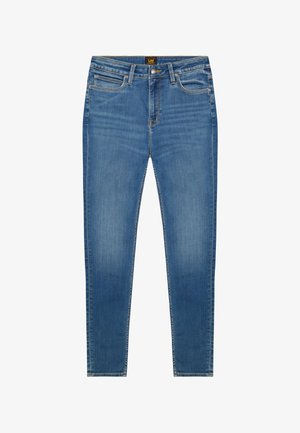 Blauwe high-waist skinny jeans met voor- en achterzakken, knoopsluiting en subtiele vervaagde details op dijen en knieën.