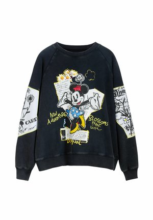 Hanorac negru cu mâneci raglan, decorat cu un grafic colorat cu Mickey Mouse, ilustrații florale și note scrise de mână pe material.
