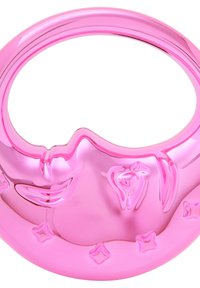 Różowa, refleksyjna miska o zaokrąglonych krawędziach, z wypukłymi wzorami kwiatowymi i kształtami gwiazdek wzdłuż brzegów, gładka, o wysokim połysku.