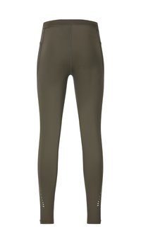 Olivgröna leggings gjorda av ett slätt, stretchigt tyg. Har en hög midja och små utskärningar nära ankeln för ventilation.