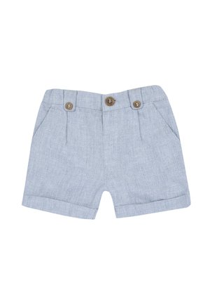 Shorts pour tout-petit gris clair avec ourlets repliés, deux poches devant et trois boutons marron sur la ceinture.