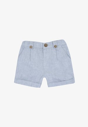 Shorts pour tout-petit gris clair avec ourlets repliés, deux poches devant et trois boutons marron sur la ceinture.