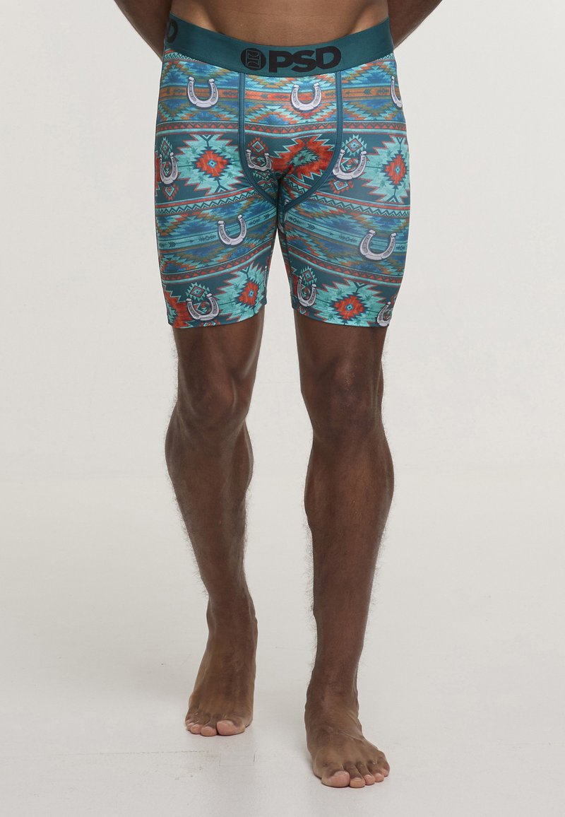 Boxer blu con motivi geometrici e a ferro di cavallo, realizzati in tessuto elasticizzato con elastico nero marcato "PSD."