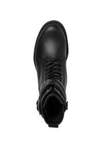 Schwarze Leder-Ankle-Boots mit glatter Oberfläche, runder Spitze, Schnürung vorne und Akzentriemen an den Seiten. Verfügt über ein weiches Innenfutter.