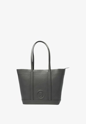 Borsa tote in pelle grigia con due manici robusti, superficie testurizzata e dettaglio con logo circolare. Forma strutturata, progettata per versatilità e durata.