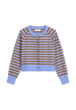 Gestreepte cardigan in lichtblauw en bruin, met een ronde halslijn, knoopsluiting en geribbelde manchetten. Gemaakt van zachte, gebreide stof.