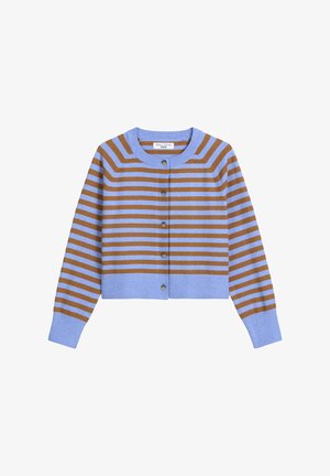 Gestreepte cardigan in lichtblauw en bruin, met een ronde halslijn, knoopsluiting en geribbelde manchetten. Gemaakt van zachte, gebreide stof.
