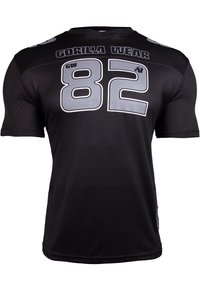 Zwarte sportieve shirt gemaakt van synthetisch materiaal met een ronde hals, korte mouwen en een grote grijze "82" druk aan de voorkant.