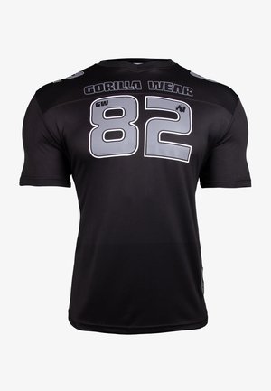 Zwarte sportieve shirt gemaakt van synthetisch materiaal met een ronde hals, korte mouwen en een grote grijze "82" druk aan de voorkant.