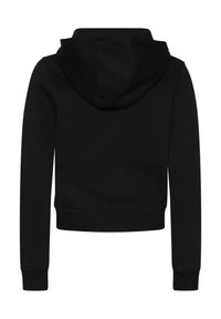Felpa nera con cappuccio, dal taglio corto, con polsini e orlo a coste. Realizzata in materiale morbido, presenta una superficie testurizzata. Senza marchi visibili.