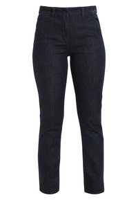 Pantalones de mezclilla oscura con un ajuste slim, cintura alta y una textura sutil. Presentan un diseño clásico de cinco bolsillos y cierre de cremallera.