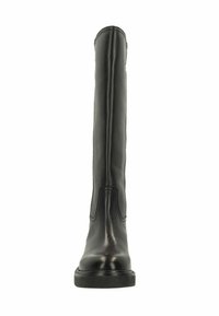 Kniehoge zwarte leren laars met een gladde afwerking, ronde neus, minimale stikseldetails en een lage, stevige rubberen zool.