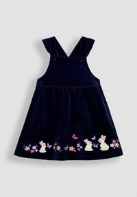 Vestido de terciopelo azul marino para niñas pequeñas, con tirantes, decorado con conejitos blancos bordados, flores rosas y azules, y mariposas.