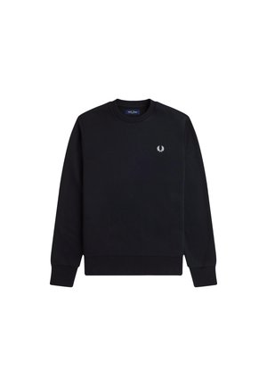 Sudadera negra con cuello redondo, puños y dobladillo acanalados, y un pequeño logotipo bordado en el lado izquierdo del pecho. Material de suave mezcla de algodón.