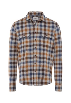 Karierter Flanellhemd in Braun, Blau und Creme. Lange Ärmel, durchgehende Knopfleiste, zwei Brusttaschen und ein leicht gebogener Saum.