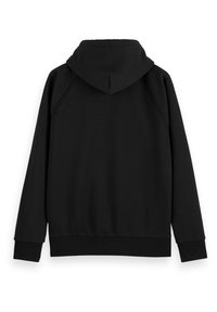 Sort hættetrøje med en frontlomme og justerbar snøre i hætten. Fremstillet af blødt, struktureret stof med ribstrikkede ærmeafslutninger og kant.