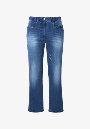 Jeans aus Denim in einem hellen bis mittleren Blauton mit geradem Bein, mit Whisker-Effekten, vorderen Taschen und einem Knopfverschluss.