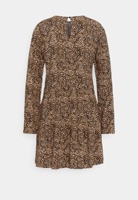 Långärmad brun klänning med ljusbeige oregelbundet prickmönster, knäppning med nyckelhål bak vid halsringningen, och volangkjol.