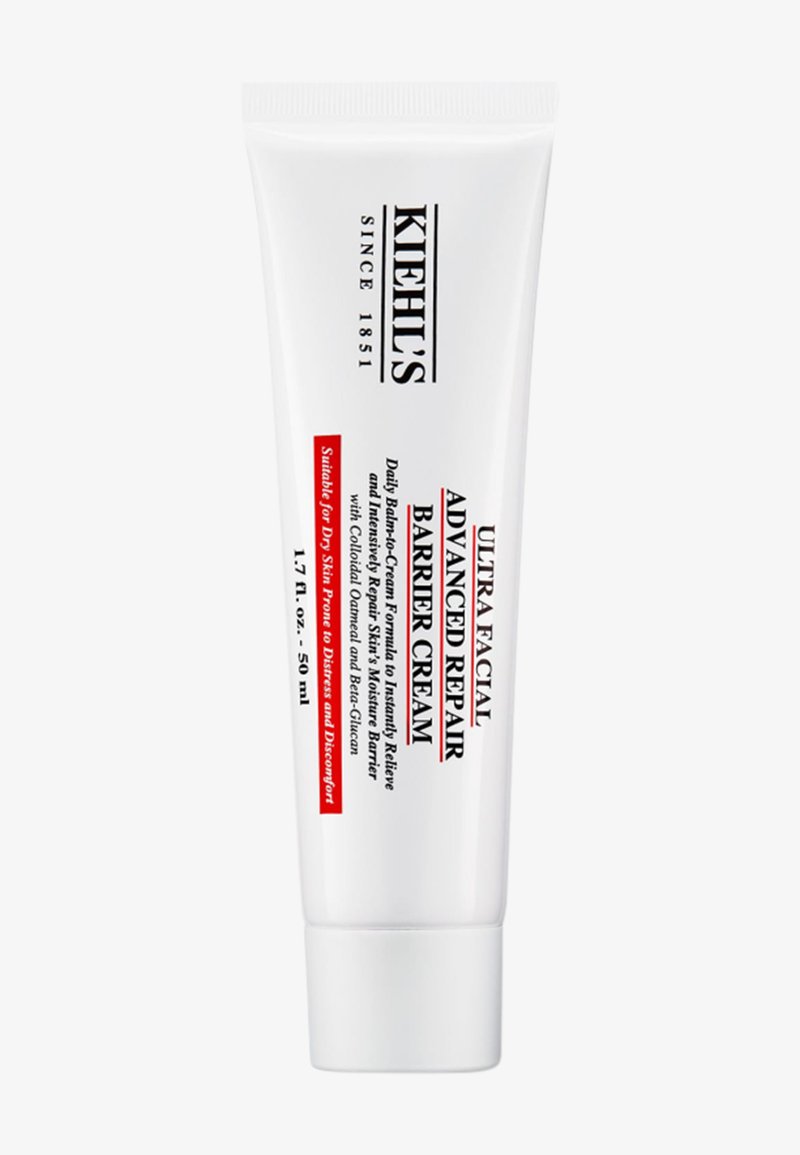 Weißer Quetschtube der Kiehl's Ultra Facial Advanced Repair Barrier Cream, 50 ml, mit rotem Text und einem klaren, minimalistischen Design.